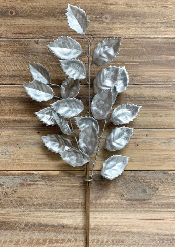 Metallic Glittered Silver Mulberry Leaf Spray