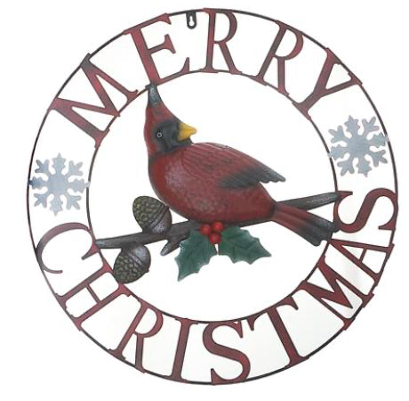24” Merry Christmas | Metal Cardinal Wheel Decor
