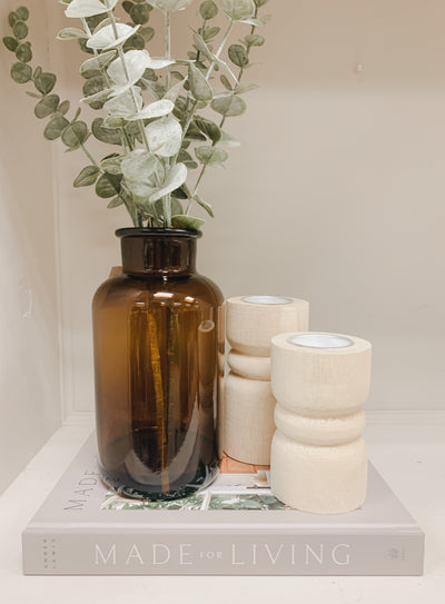 Brown Vase with Faux Eucalyptus