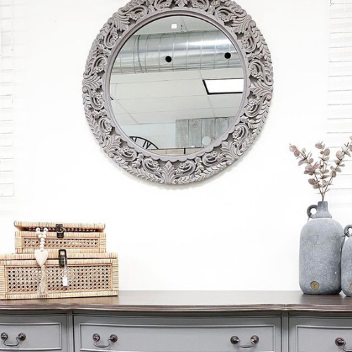 Grey Distressed Wood Carved Look Mirror | IN STORE PICKUP ONLY