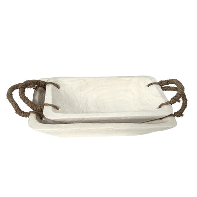 Wooden Rectangle Tray with Handles | White Wash