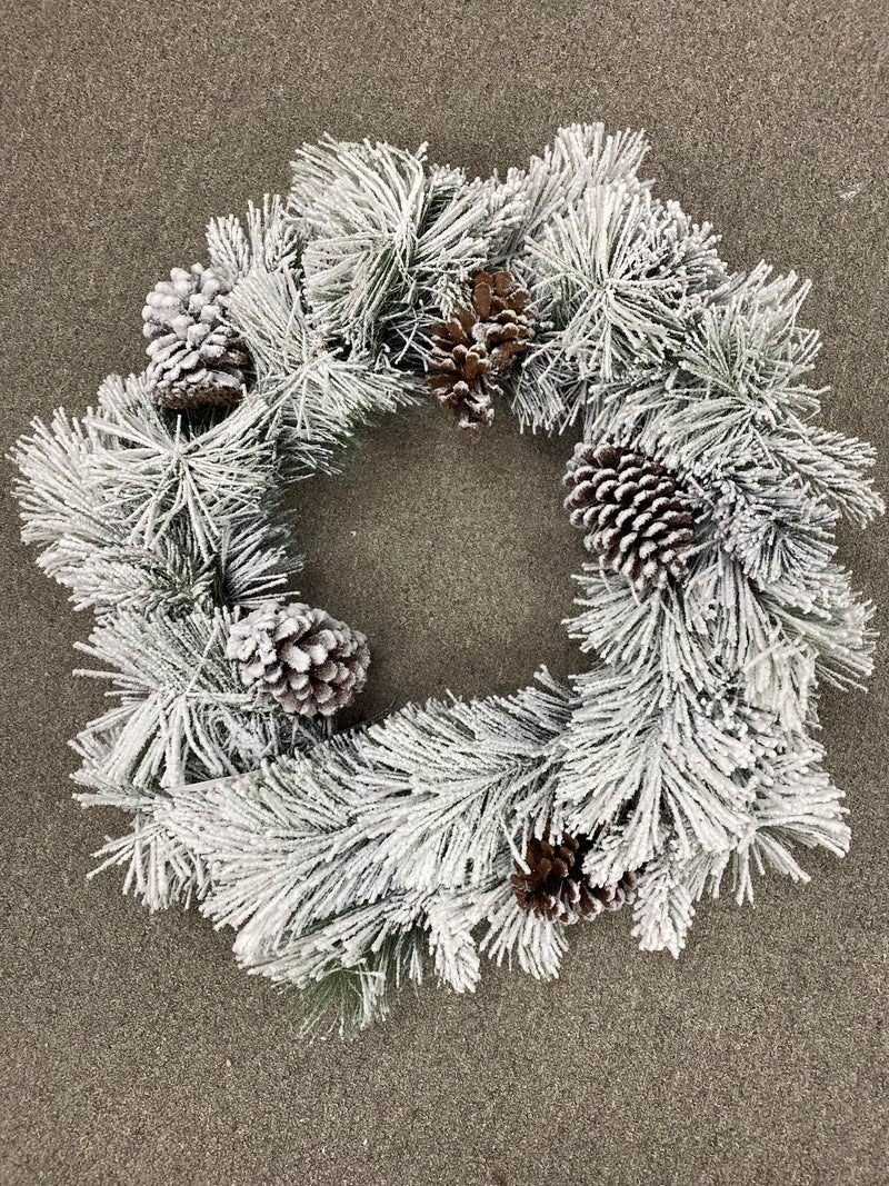 White Flocked Pine Wreath w/Pine Cones | 27.5"
