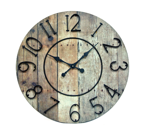 Round Wooden Clock With Black Metal