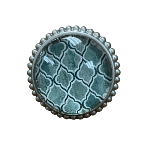 Knob - Green & White Ogee Patterned Knob with Silver Edging Detail (15)