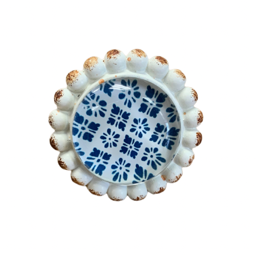 Knob - Rustic Blue & White Medallion Patterned Knob with White Distressed Beaded Detailing (39)